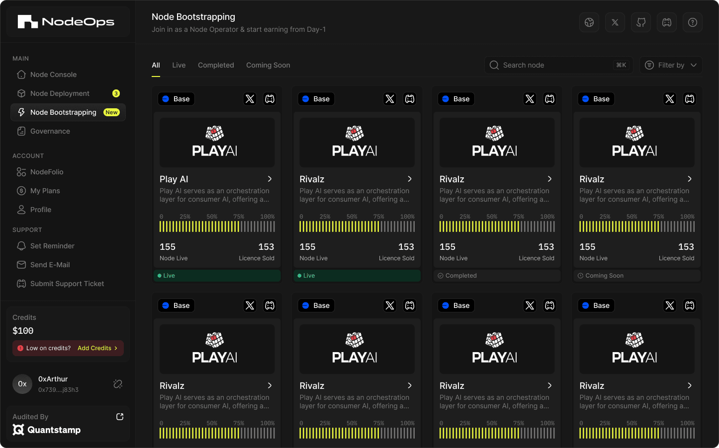 The Console now: every chain and node type visible as cards the moment the page loads.