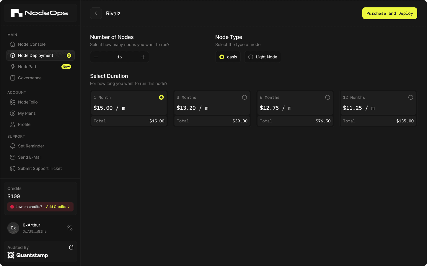 The buy flow now: node count and duration priced in credits, with the total shown before any wallet is involved.