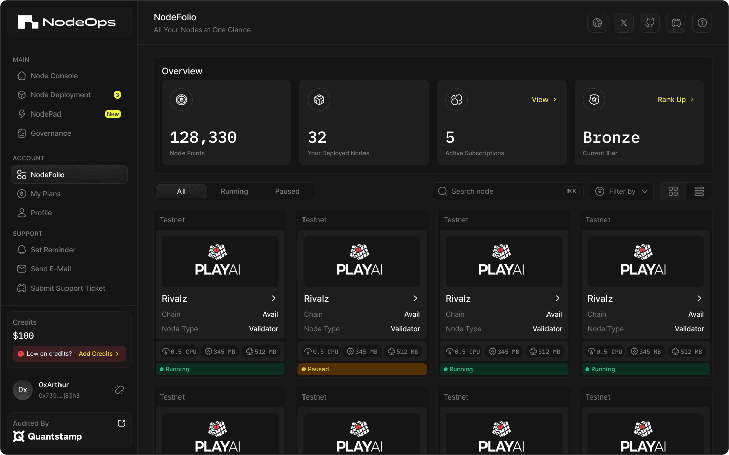 After purchase now: the node's own page opens on its live status, region and uptime.