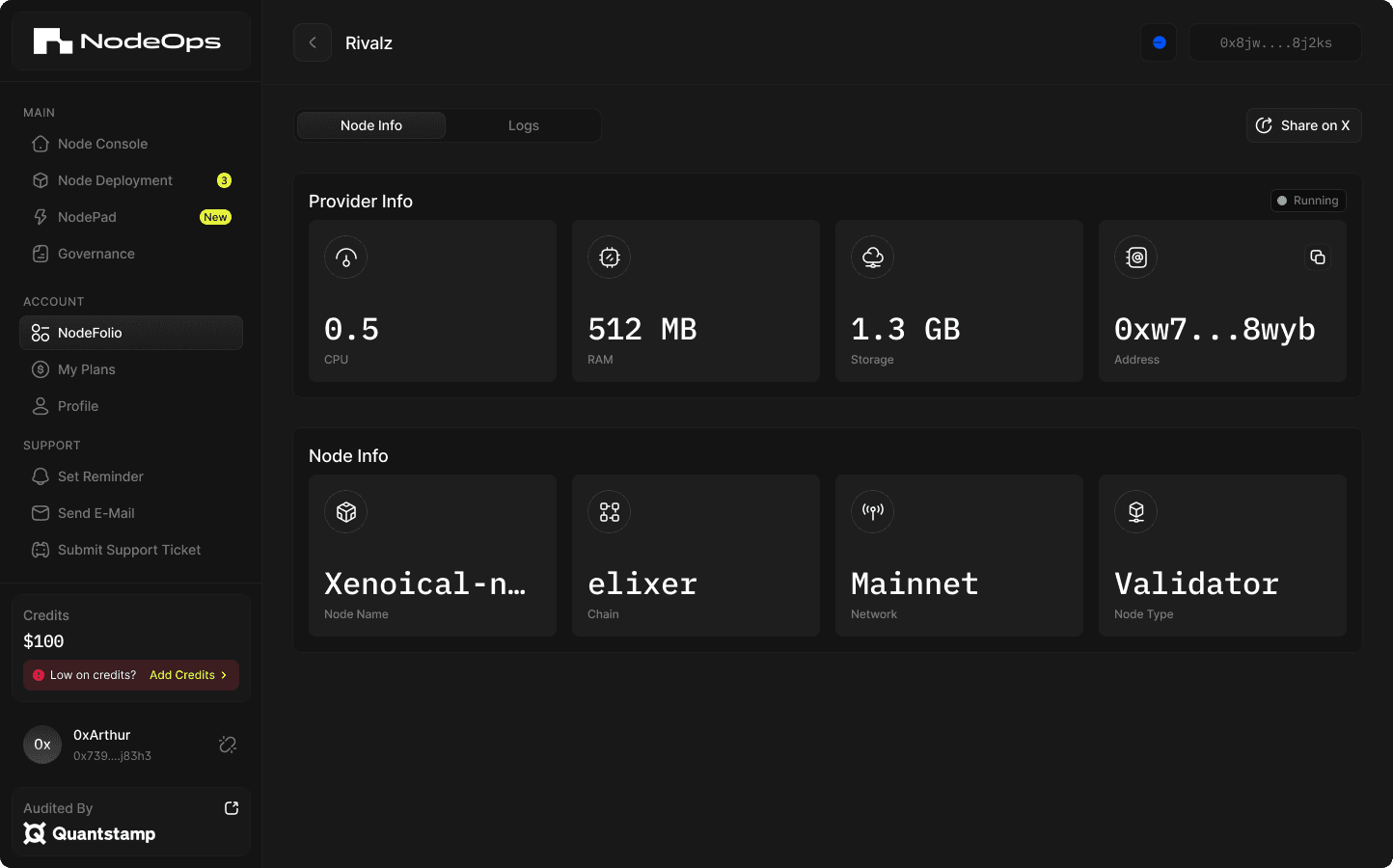 A node’s detail view, where the chain is just a field: Chain elixer, Network Mainnet, Node Type Validator, beside its CPU, RAM and storage.