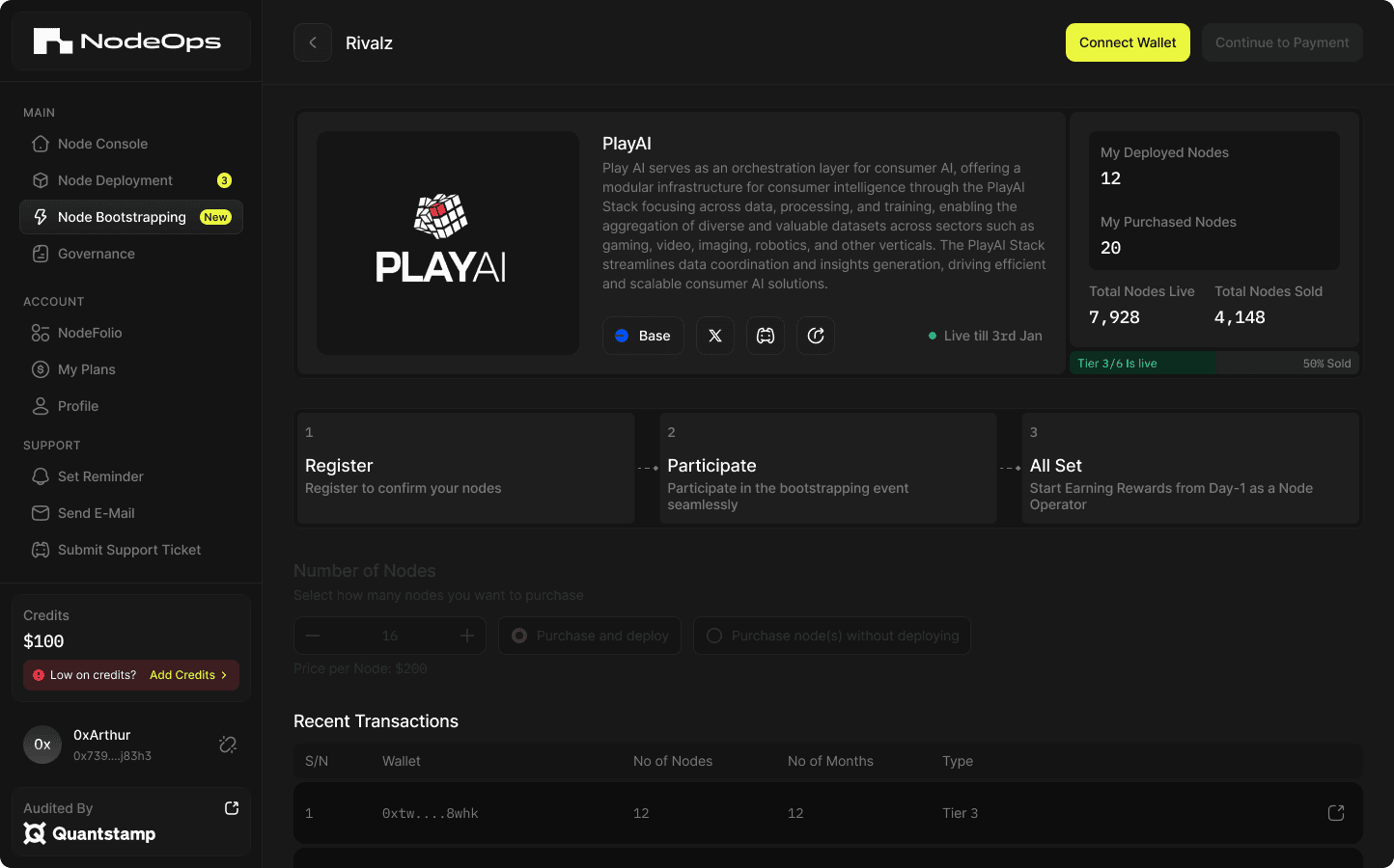 The deploy flow rendered for one chain: the project’s own description and links, a three step path, and a node count priced per node.