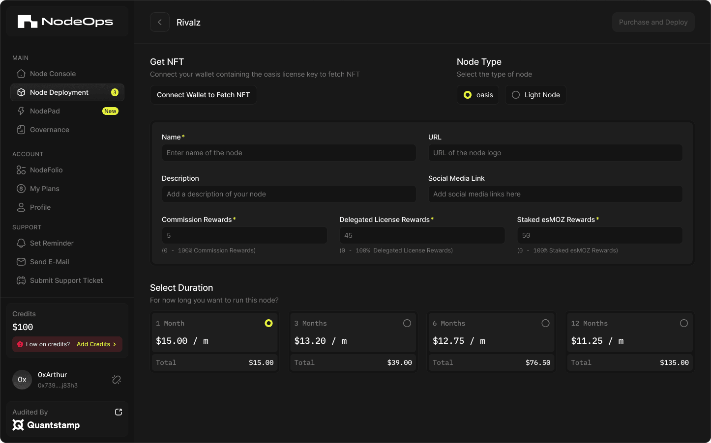 The deploy form: chain, node type, region and duration chosen in one pass, with the credit cost shown while you choose.