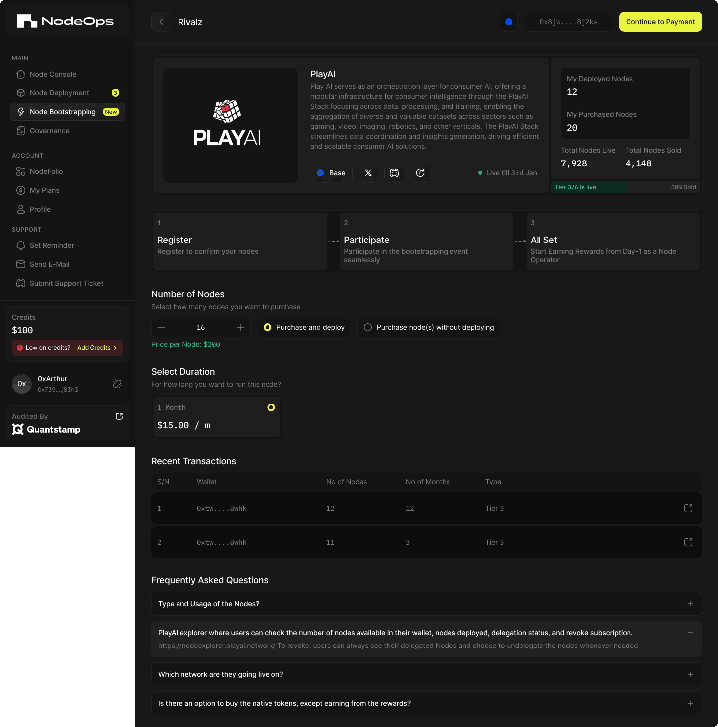 A chain’s bootstrapping page before anyone buys: total nodes live and sold, tier progress, price per node, and recent transactions.