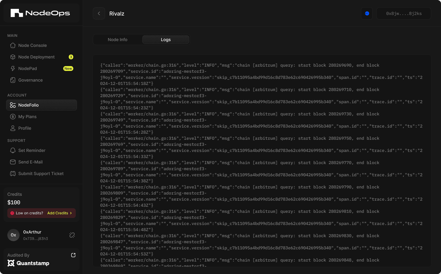 A running node's detail view: live log stream, uptime and sync status on one screen.