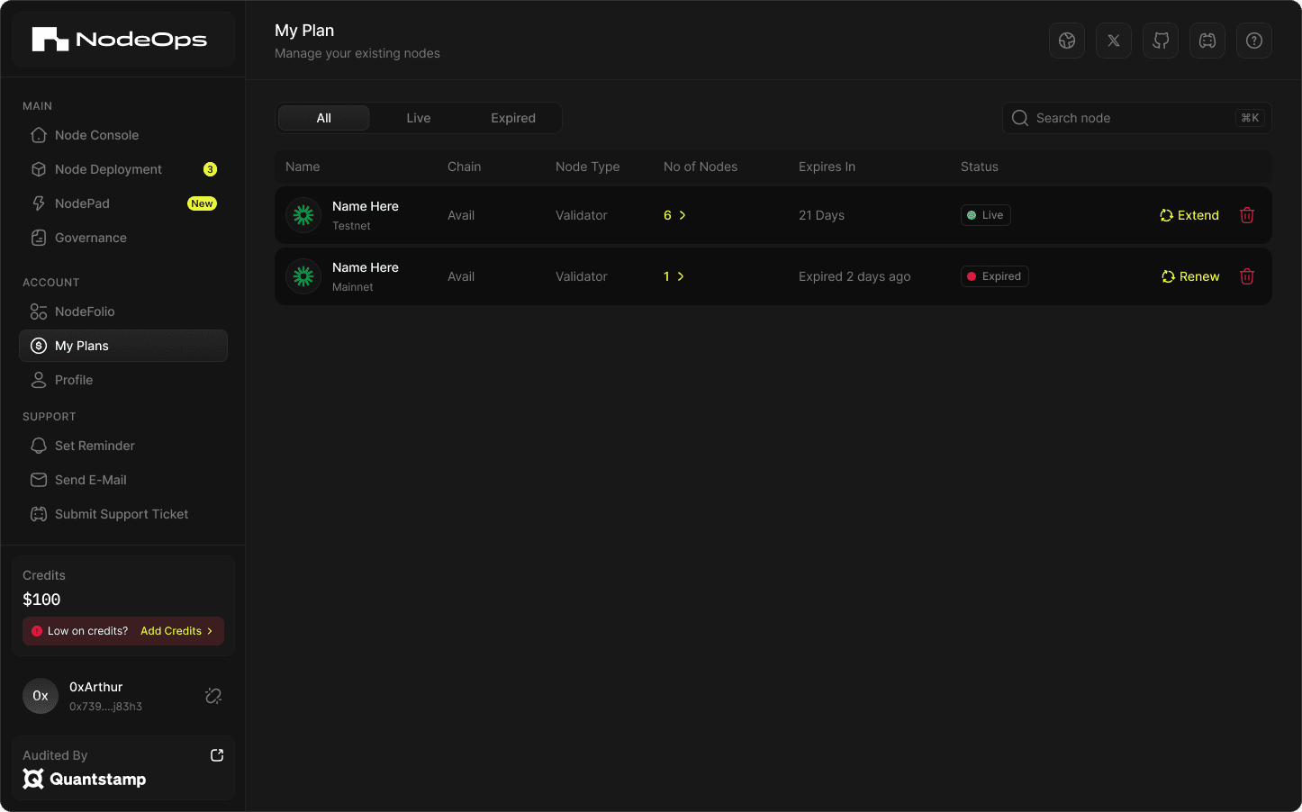 Plan management: every subscription listed with its chain, node count and expiry, extended or renewed in place.
