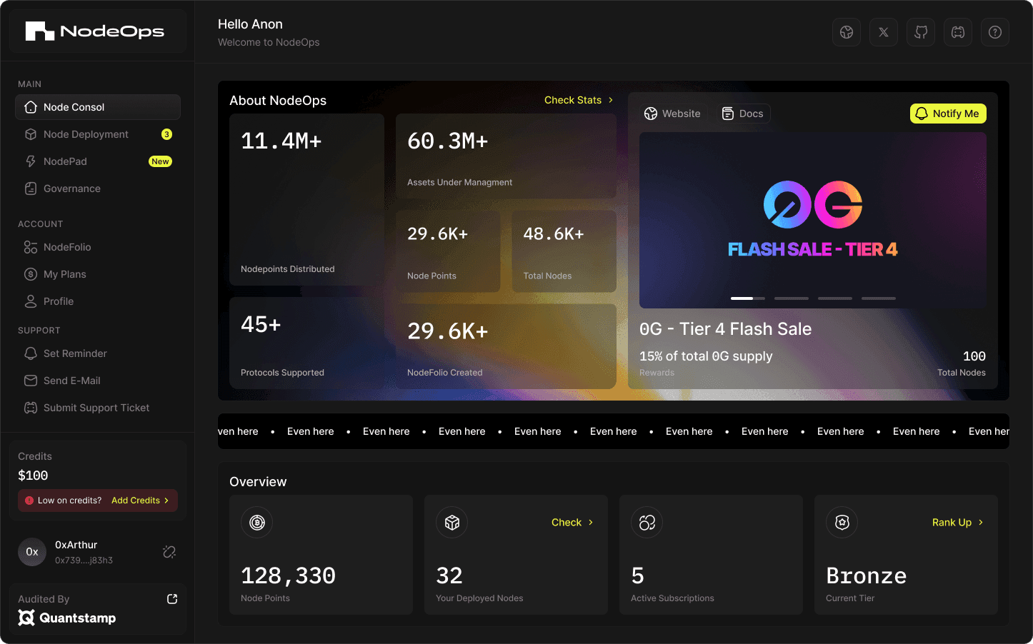 The NodeOps Console dashboard: available chains and node types listed as cards, each with its price and deploy action.
