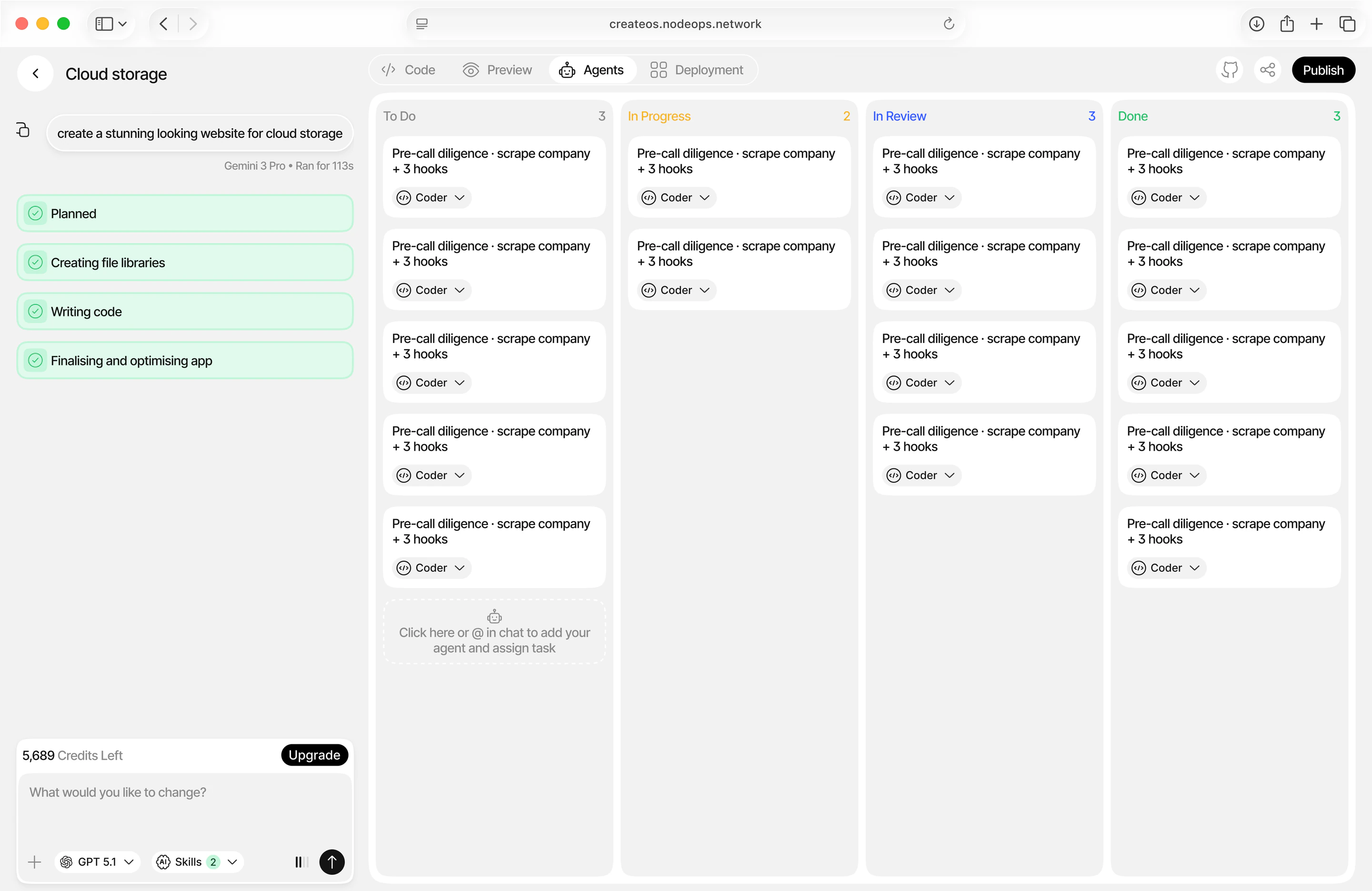 A CreateOS session building a cloud storage site: the prompt and its build steps on the left (planned, creating file libraries, writing code, finalising), and the Agents tab on the right with tasks moving across a board from To Do to Done.