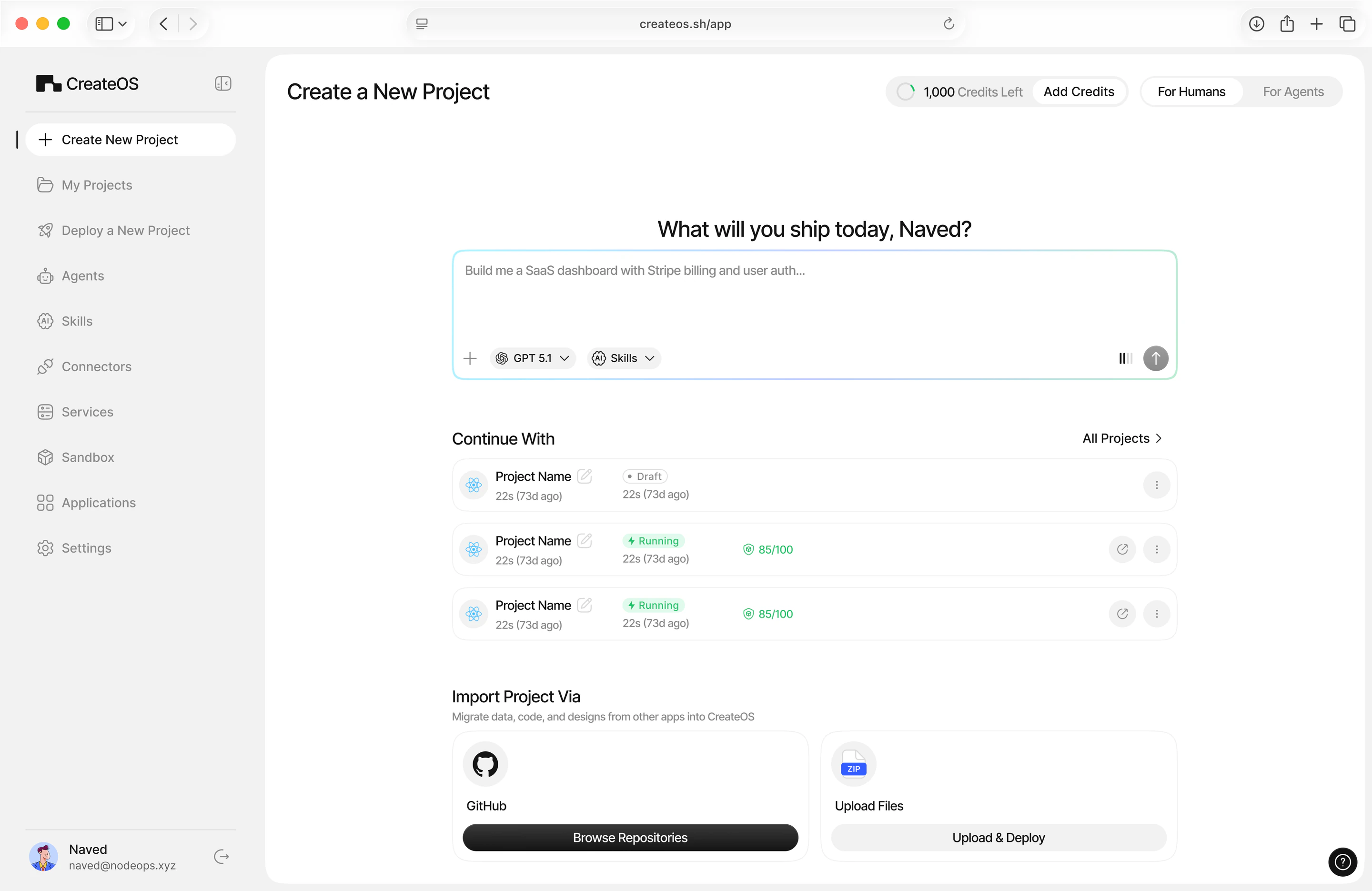 The CreateOS home: a prompt box asking “What will you ship today, Naved?” with model and skills pickers, recent projects below in draft and running states, and import from GitHub or a file upload.