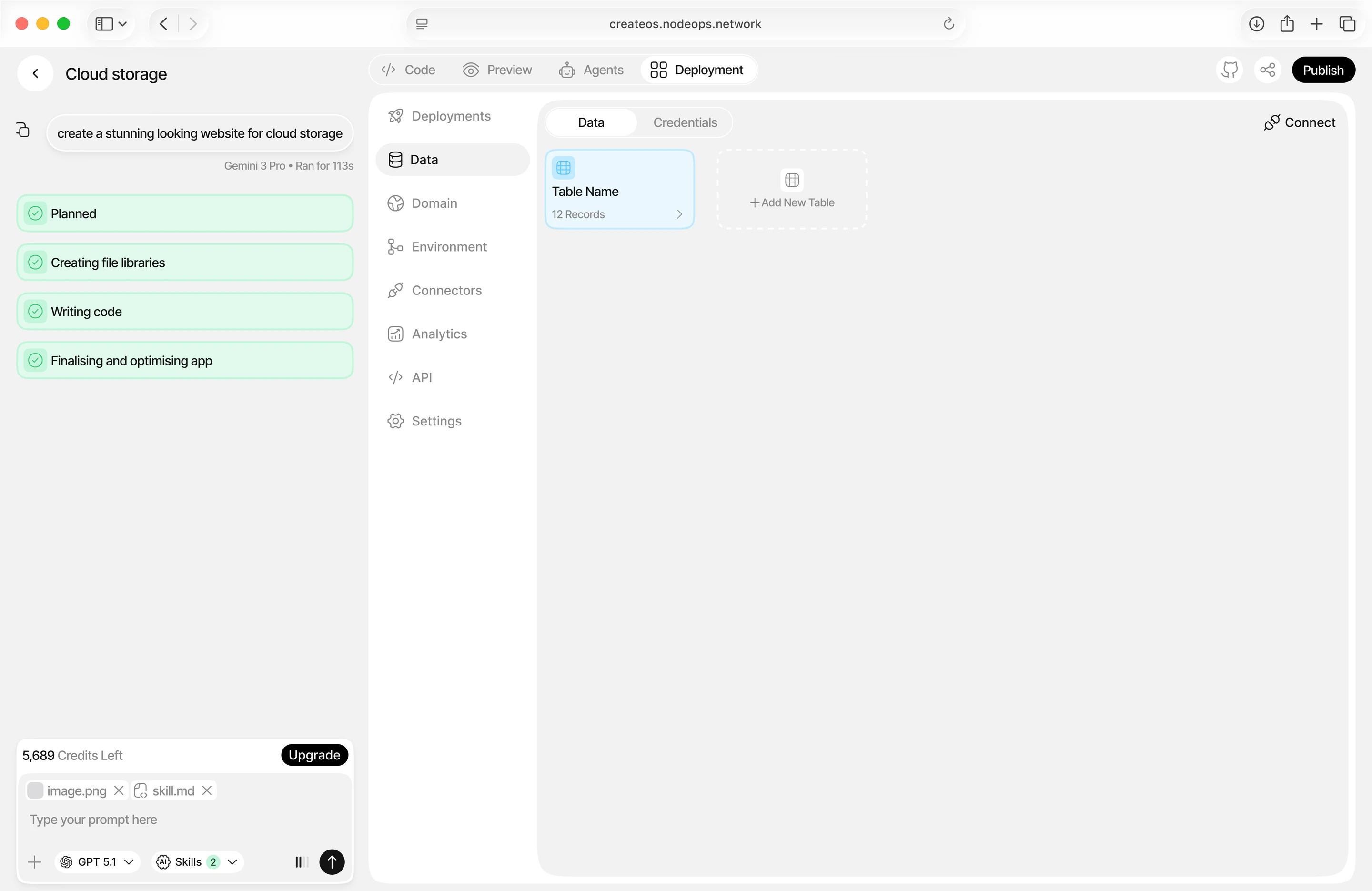 The same session’s Deployment tab: the app’s data tables, with Domain, Environment, Connectors, Analytics, API and Settings in the side menu.