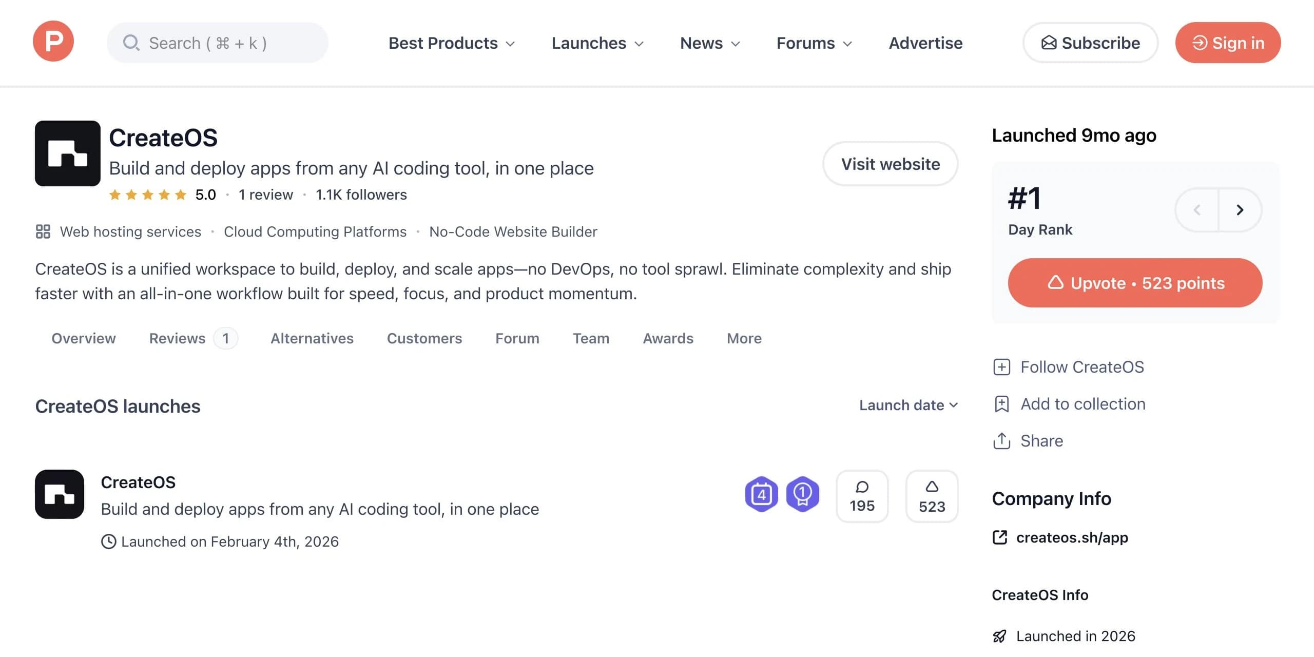 CreateOS on Product Hunt: #1 Day Rank with 523 upvotes and 195 comments, launched February 4, 2026.