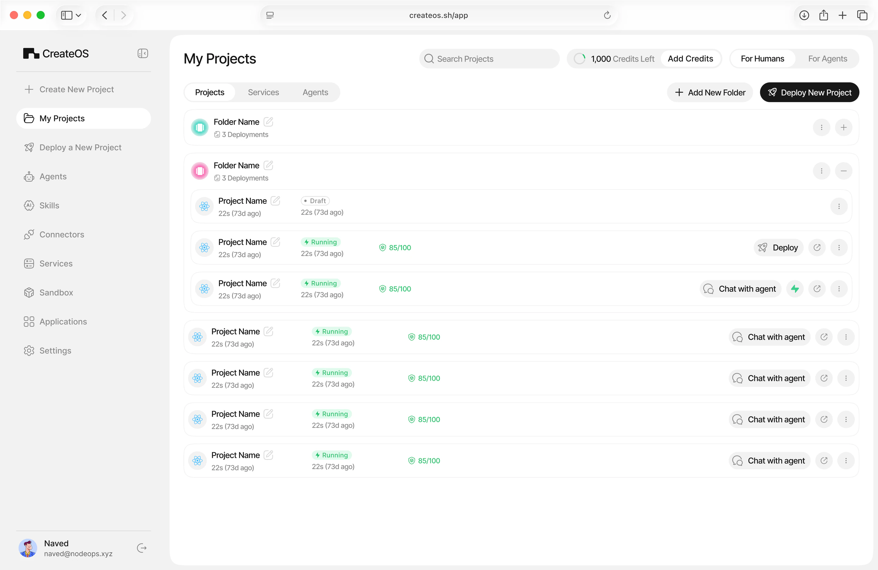 My Projects: apps grouped into folders, each row showing draft or running status, a health score of 85/100, and a Chat with agent button.