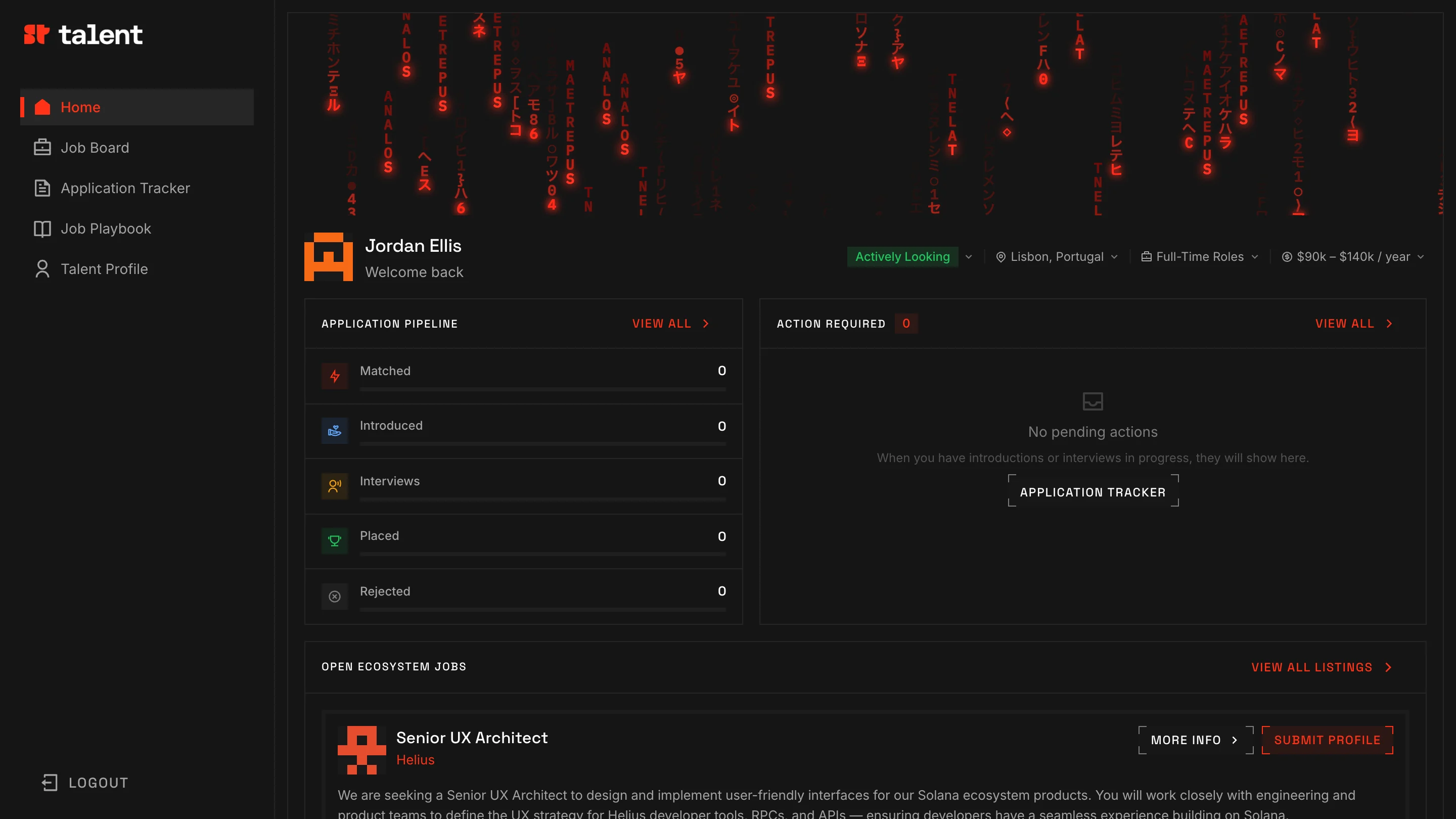 The signed-in portal home: application pipeline, actions needed, and open ecosystem jobs.