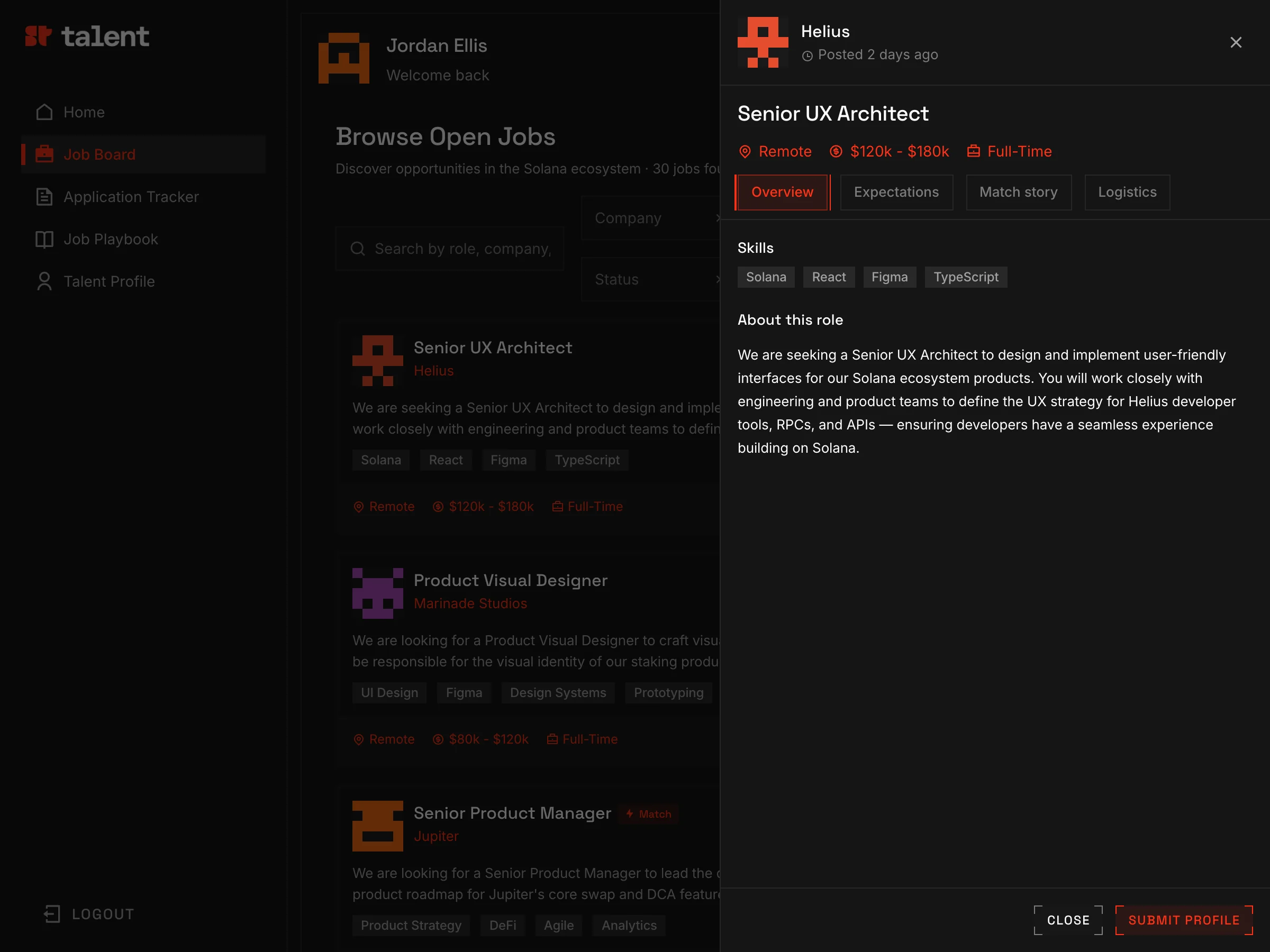A role opened in a side panel: remote, $120k to $180k, full time, skills, and Submit profile.