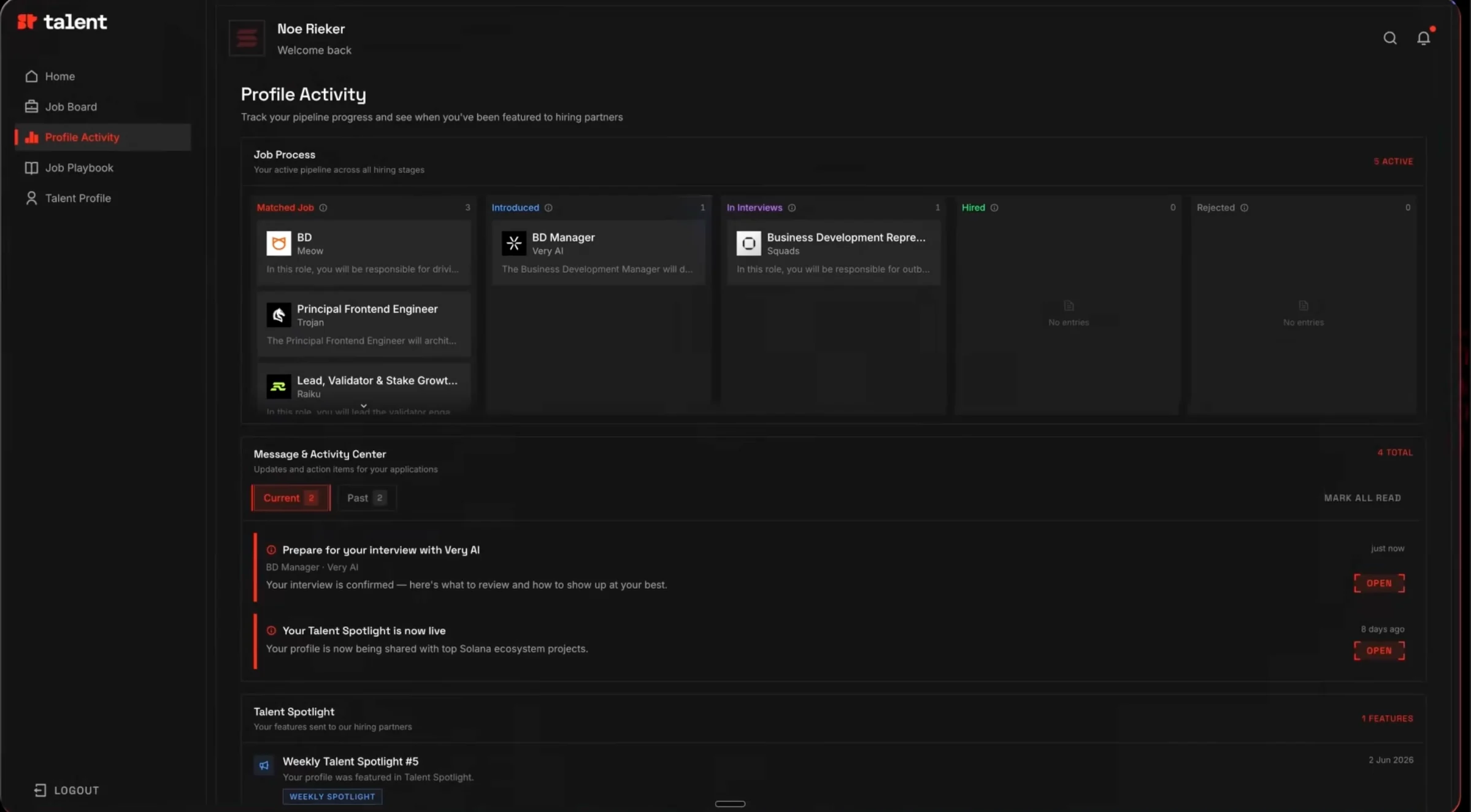 Profile Activity: matched jobs moving through stages, a message that the Talent Spotlight is now live, and the weekly spotlight the profile was featured in.