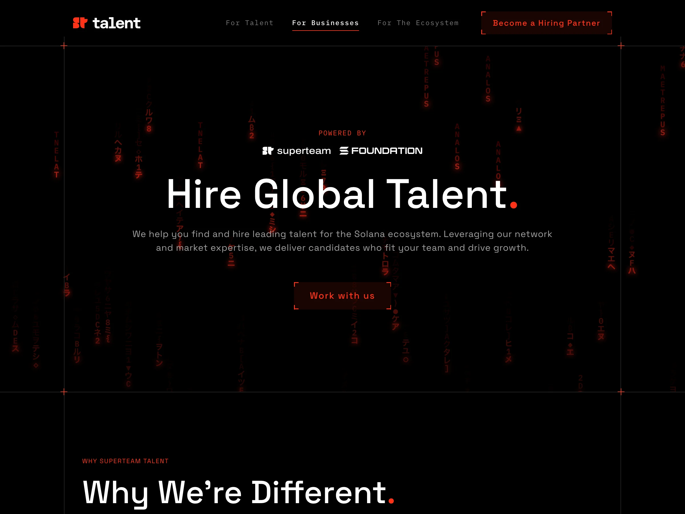 The businesses page: “Hire Global Talent.” with Work with us.