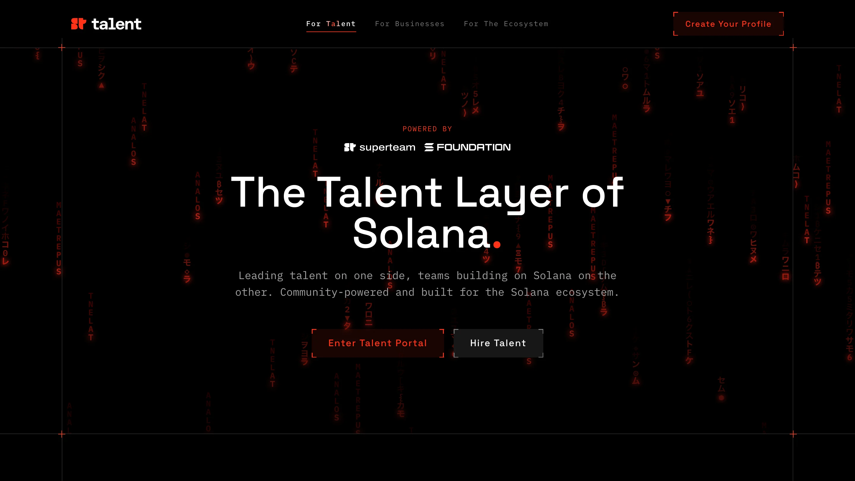 The Superteam Talent landing: “The Talent Layer of Solana.” over falling red glyphs, with Enter Talent Portal and Hire Talent.