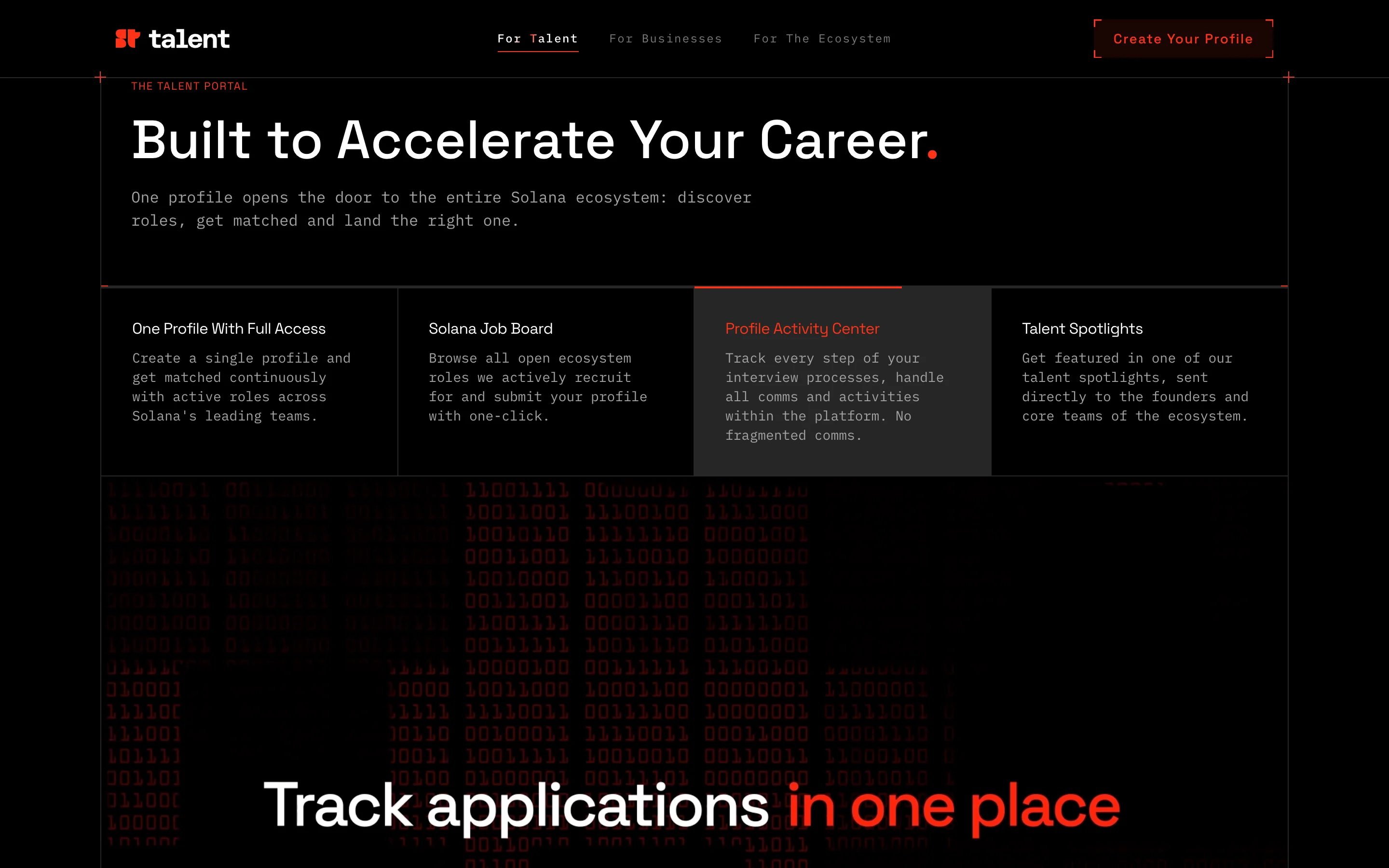 Built to Accelerate Your Career: one profile, the Solana job board, a profile activity center and talent spotlights, above “Track applications in one place.”