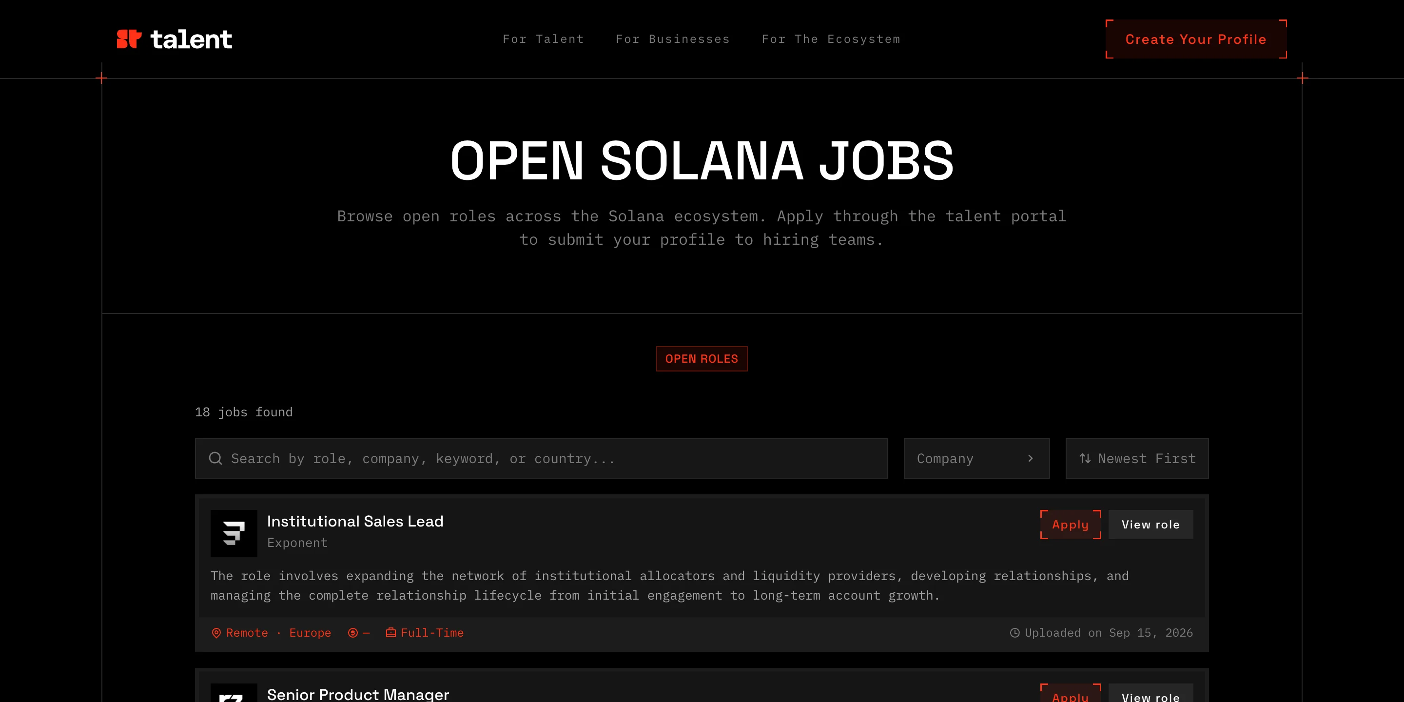 Open Solana Jobs: a searchable list of roles with company, location and Apply.