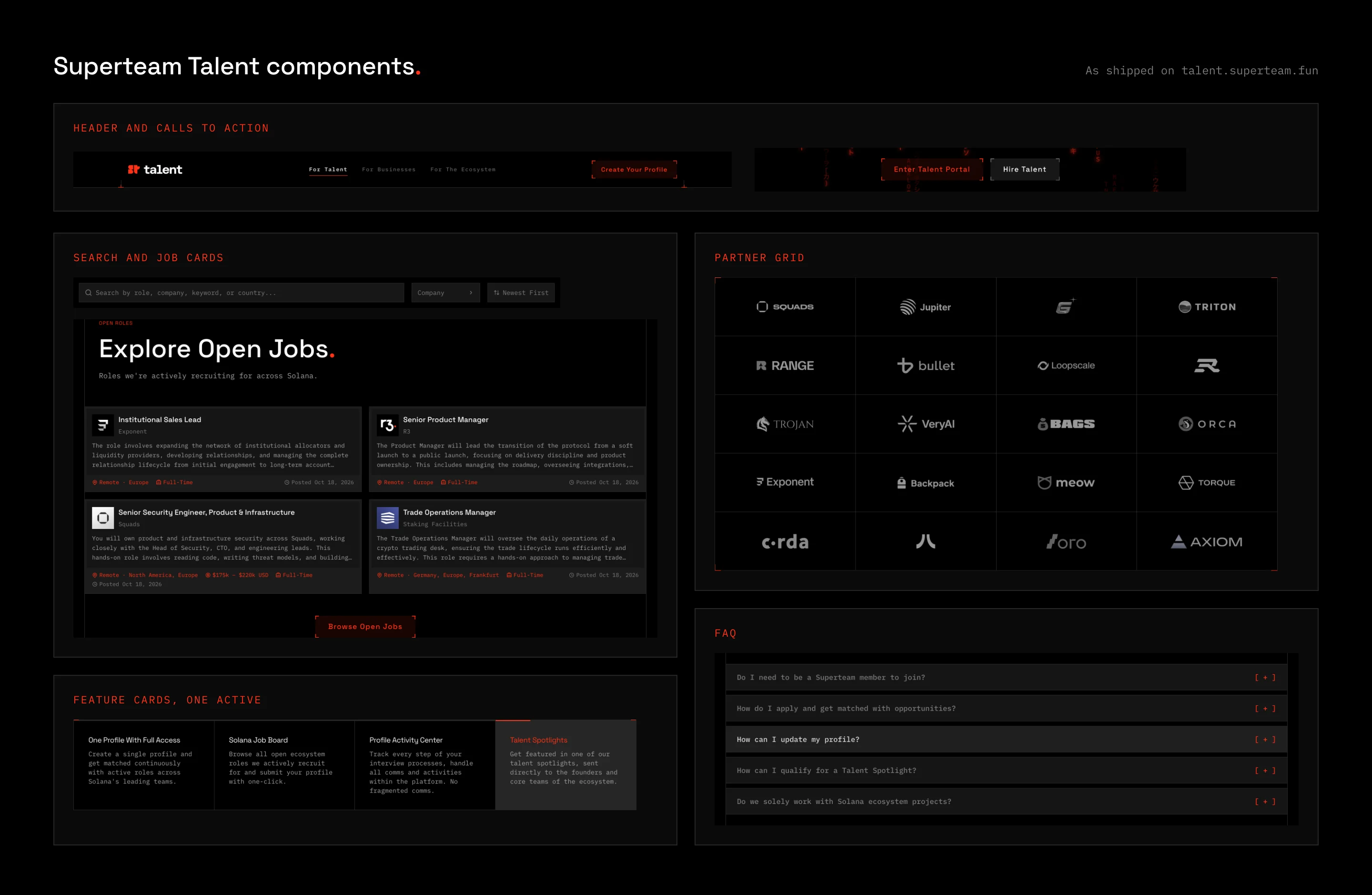 Superteam Talent components on one sheet: header, calls to action, search, job cards, feature cards, partner grid, and FAQ.
