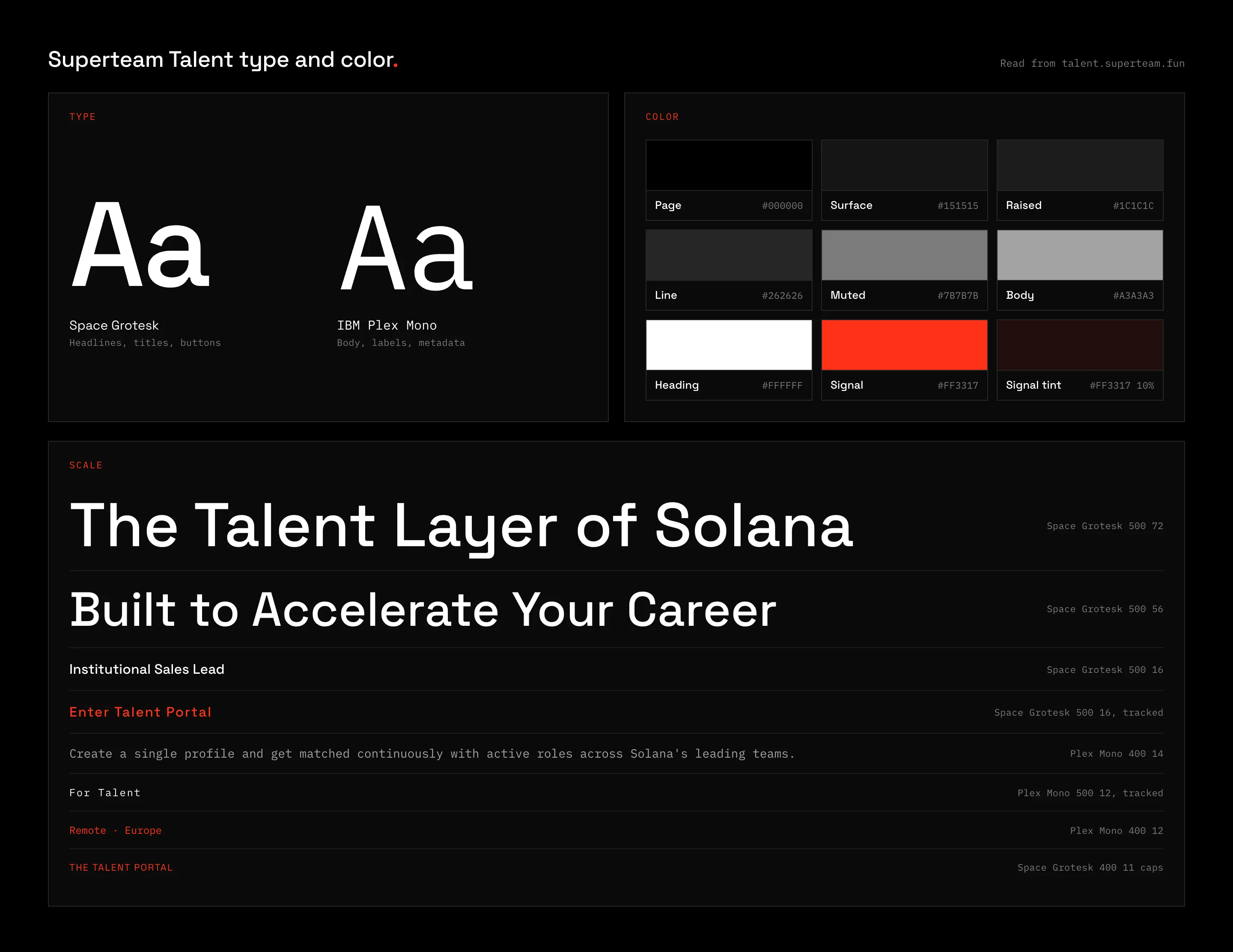 Superteam Talent type and color: Space Grotesk for headlines and buttons, IBM Plex Mono for body and labels, a black base and one red signal.